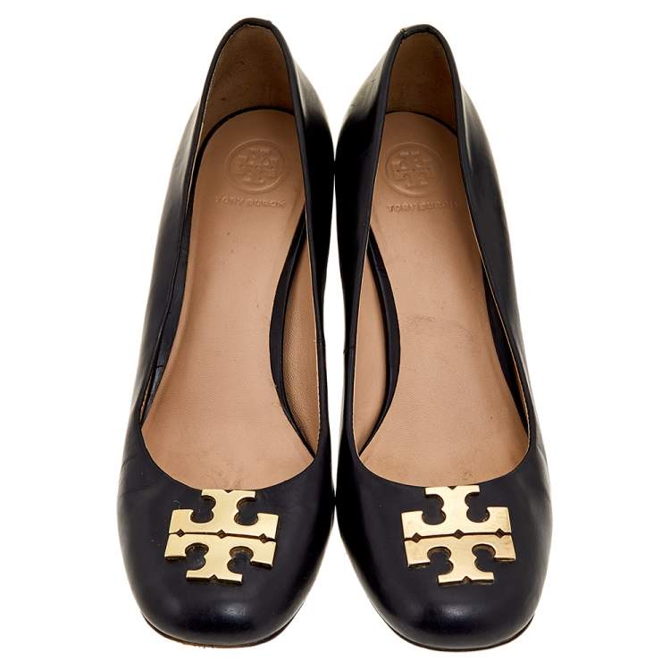 Pre Owned Tory Burch Black Leather Logo Wedge Pumps Size 38