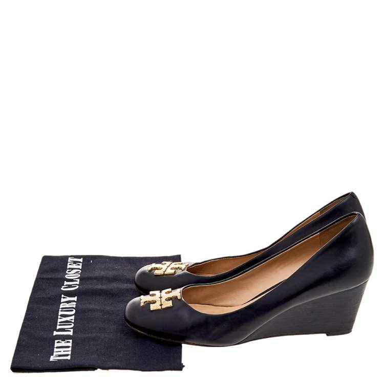 Pre Owned Tory Burch Black Leather Logo Wedge Pumps Size 38