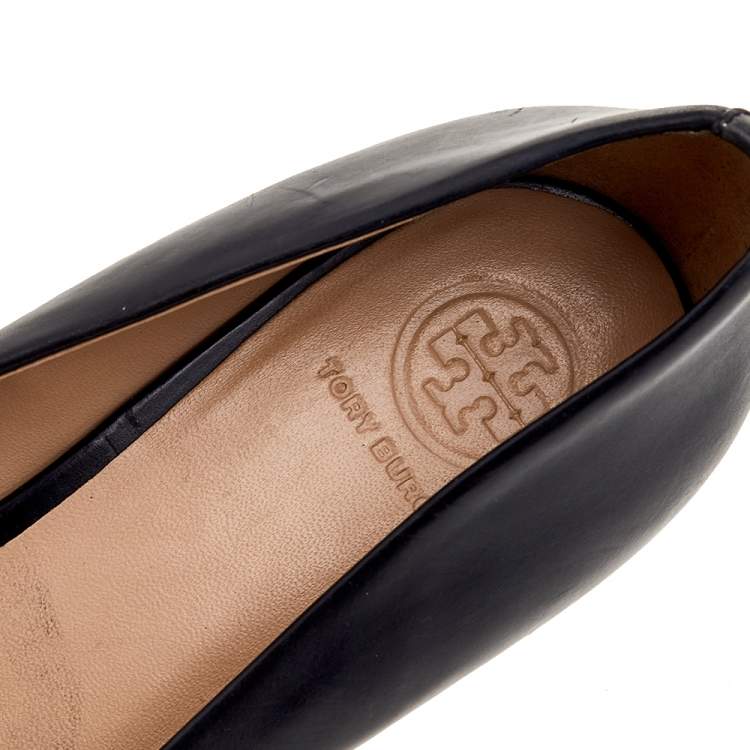Pre Owned Tory Burch Black Leather Logo Wedge Pumps Size 38