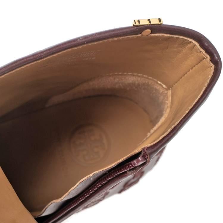 Pre Owned Tory Burch Dark Brown Embroidered Leather Penelope Ankle Boots Size 37