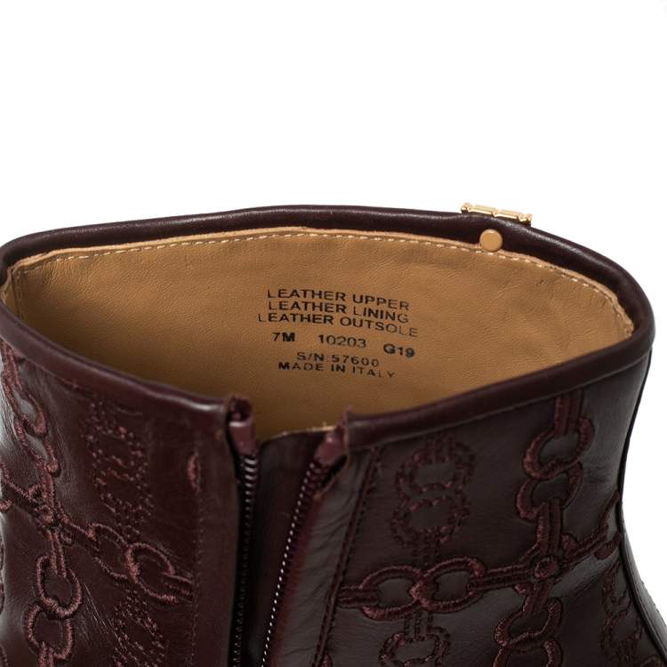 Pre Owned Tory Burch Dark Brown Embroidered Leather Penelope Ankle Boots Size 37