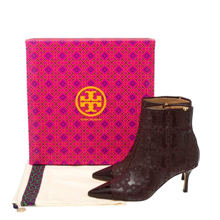 Pre Owned Tory Burch Dark Brown Embroidered Leather Penelope Ankle Boots Size 37