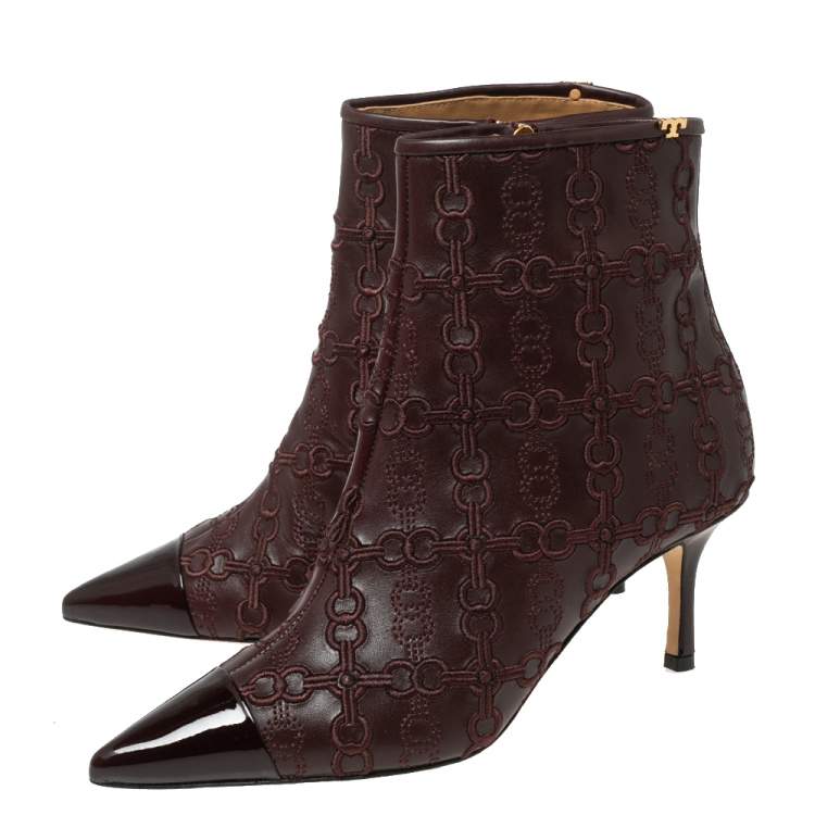 Pre Owned Tory Burch Dark Brown Embroidered Leather Penelope Ankle Boots Size 37