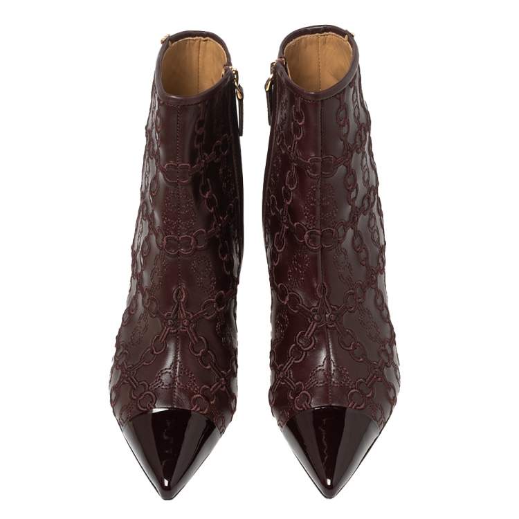 Pre Owned Tory Burch Dark Brown Embroidered Leather Penelope Ankle Boots Size 37