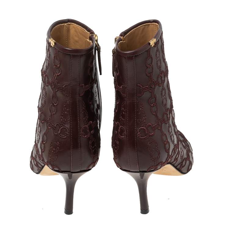 Pre Owned Tory Burch Dark Brown Embroidered Leather Penelope Ankle Boots Size 37