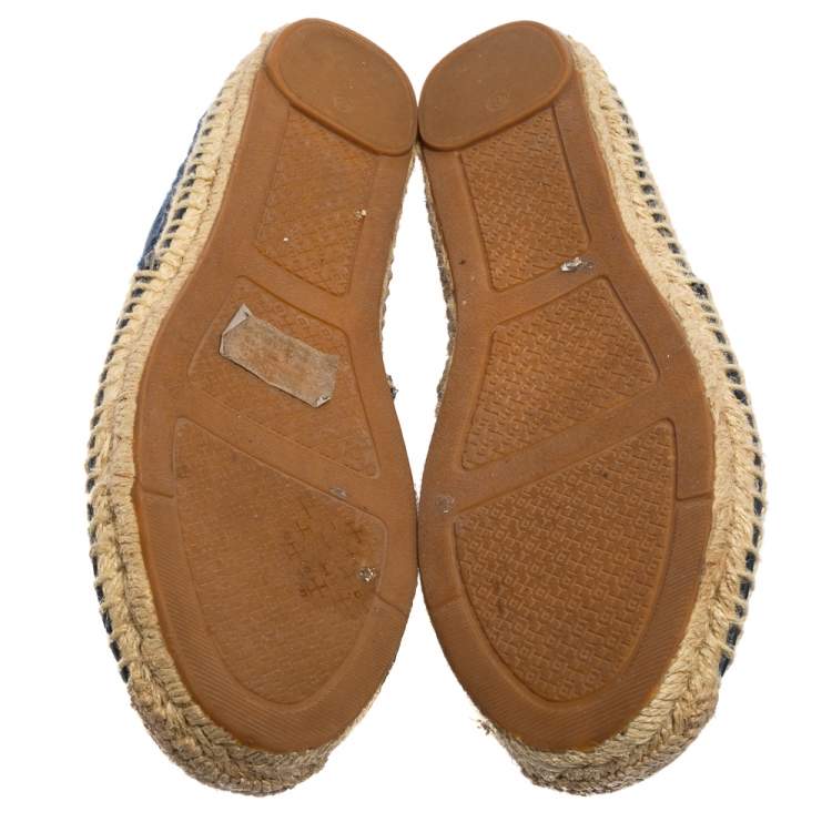 مملوكة مسبقًا Tory Burch Navy Blue Mesh and Leather Trim Jacki Espadrille Flats Size 38