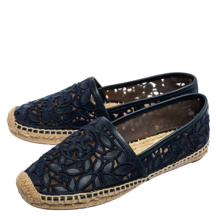 مملوكة مسبقًا Tory Burch Navy Blue Mesh and Leather Trim Jacki Espadrille Flats Size 38
