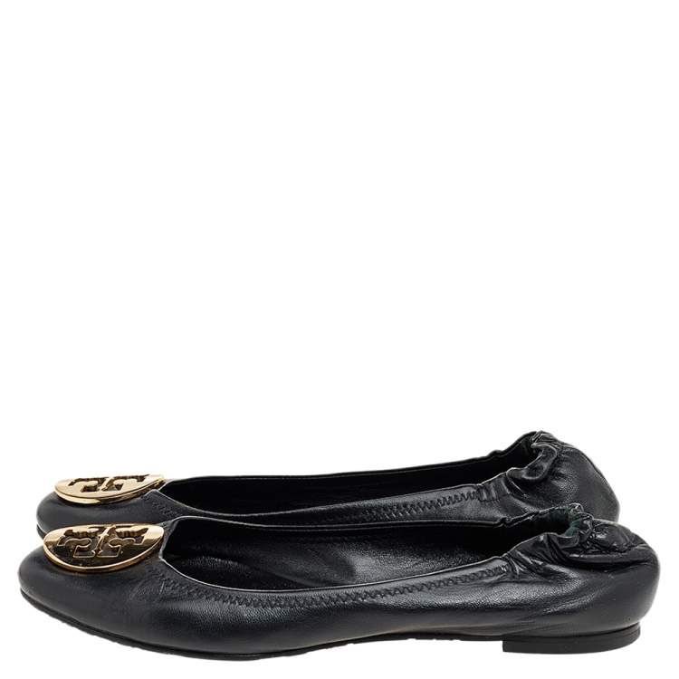 Pre Owned Tory Burch Black Leather Scrunch Ballet Flats Size 38