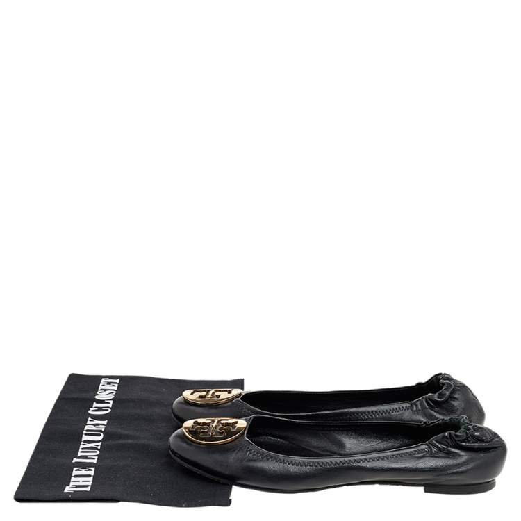 Pre Owned Tory Burch Black Leather Scrunch Ballet Flats Size 38