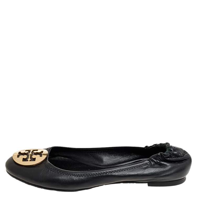 Pre Owned Tory Burch Black Leather Scrunch Ballet Flats Size 38