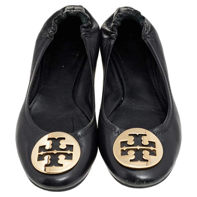 Pre Owned Tory Burch Black Leather Scrunch Ballet Flats Size 38