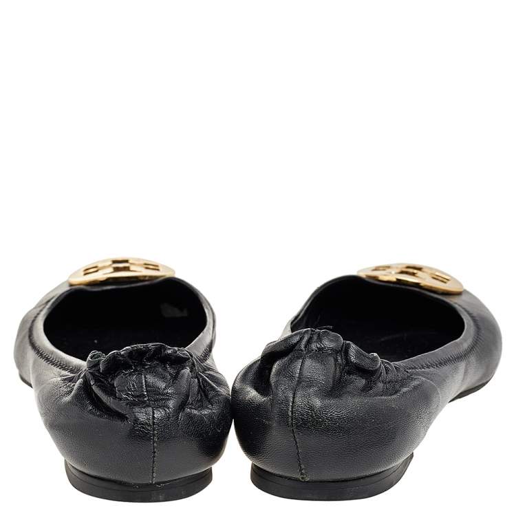 Pre Owned Tory Burch Black Leather Scrunch Ballet Flats Size 38