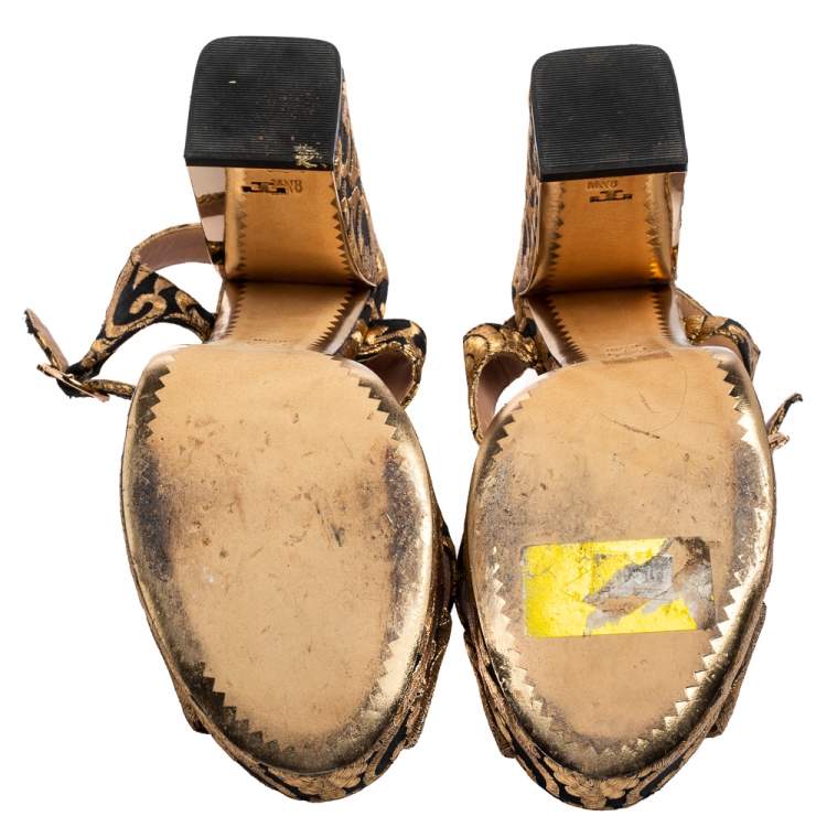 Pre Owned Tory Burch Black/Gold Brocade Fabric Loretta Sandals Size 38.5