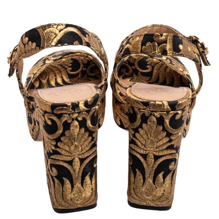 Pre Owned Tory Burch Black/Gold Brocade Fabric Loretta Sandals Size 38.5