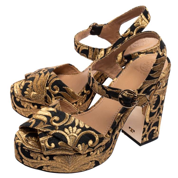 Pre Owned Tory Burch Black/Gold Brocade Fabric Loretta Sandals Size 38.5