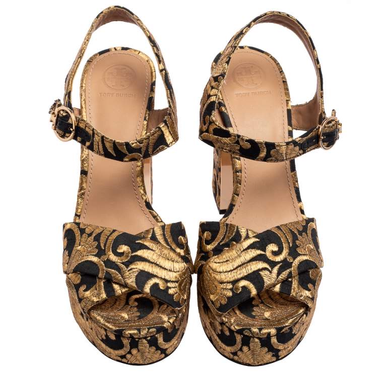 Pre Owned Tory Burch Black/Gold Brocade Fabric Loretta Sandals Size 38.5