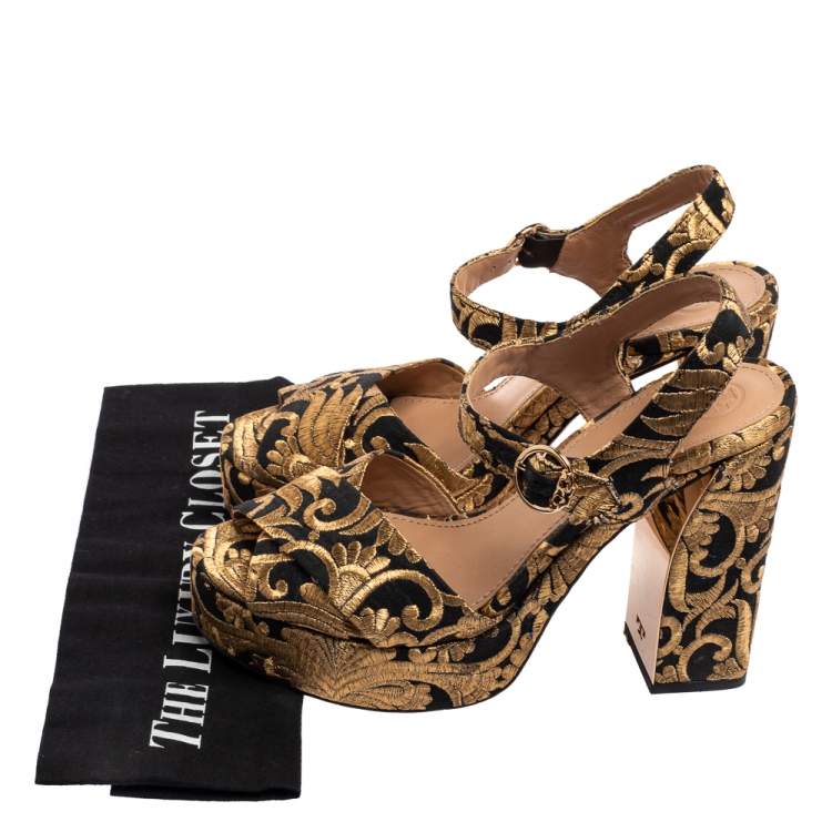 Pre Owned Tory Burch Black/Gold Brocade Fabric Loretta Sandals Size 38.5