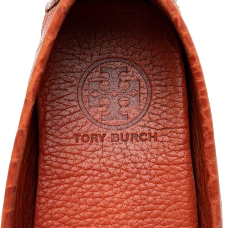 Pre Owned Tory Burch Orange Croc Embossed Leather Driver Loafers Size 39