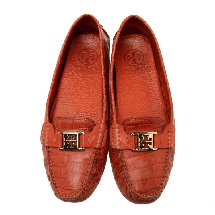 Pre Owned Tory Burch Orange Croc Embossed Leather Driver Loafers Size 39