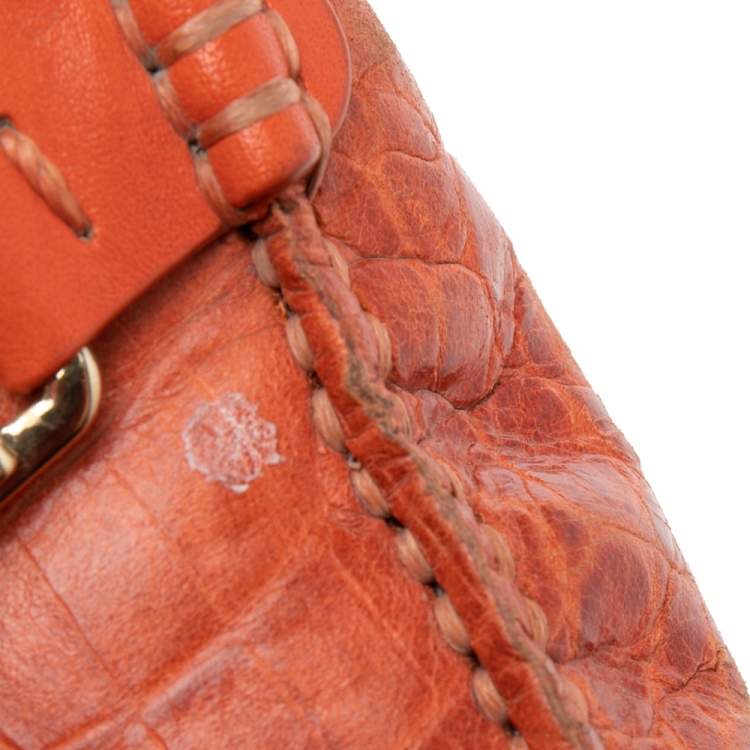Pre Owned Tory Burch Orange Croc Embossed Leather Driver Loafers Size 39