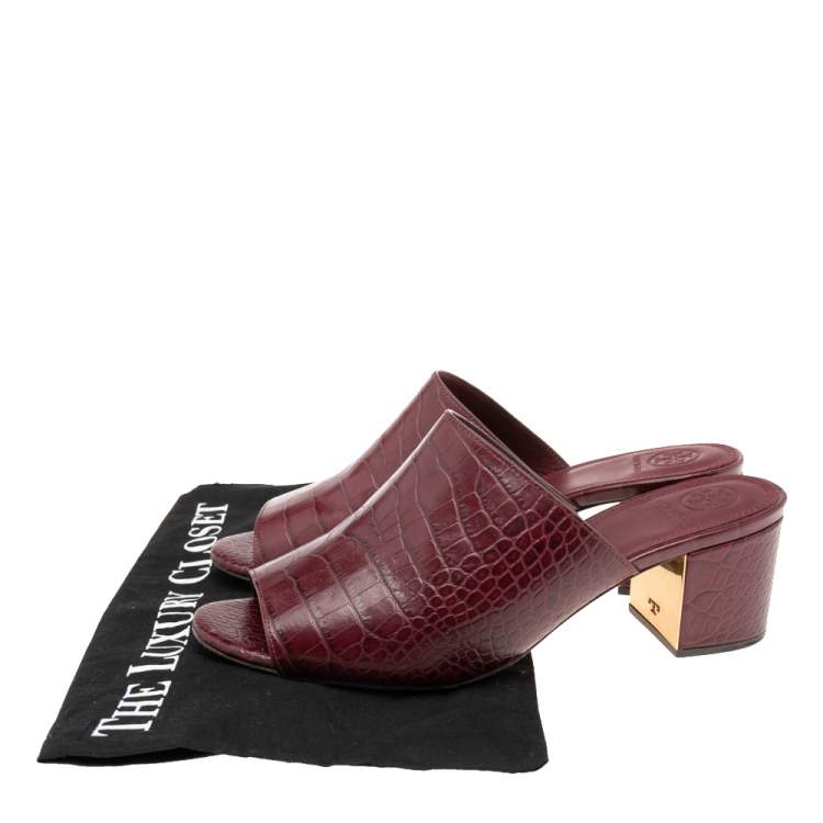 Pre Owned Tory Burch Burgundy Croc Embossed Leather Salinas Peep Toe Sandals Size 39