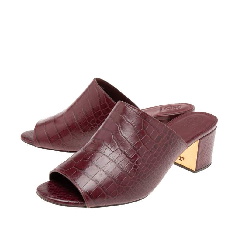 Pre Owned Tory Burch Burgundy Croc Embossed Leather Salinas Peep Toe Sandals Size 39