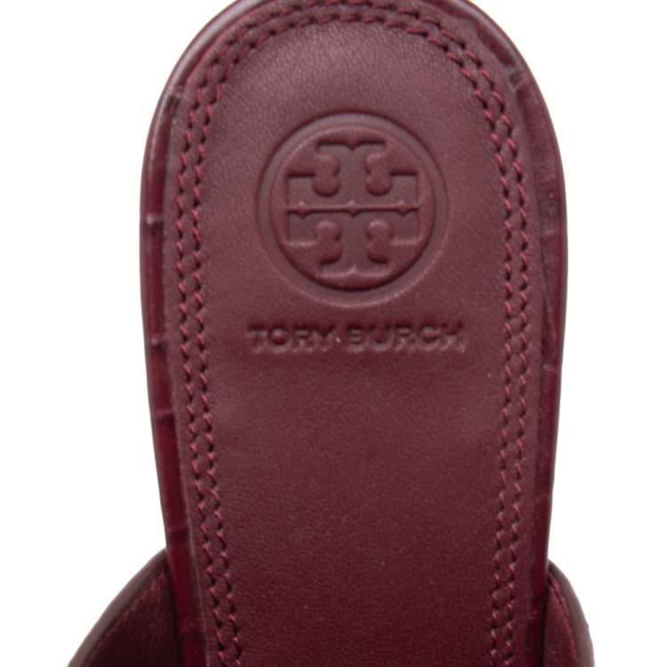 Pre Owned Tory Burch Burgundy Croc Embossed Leather Salinas Peep Toe Sandals Size 39