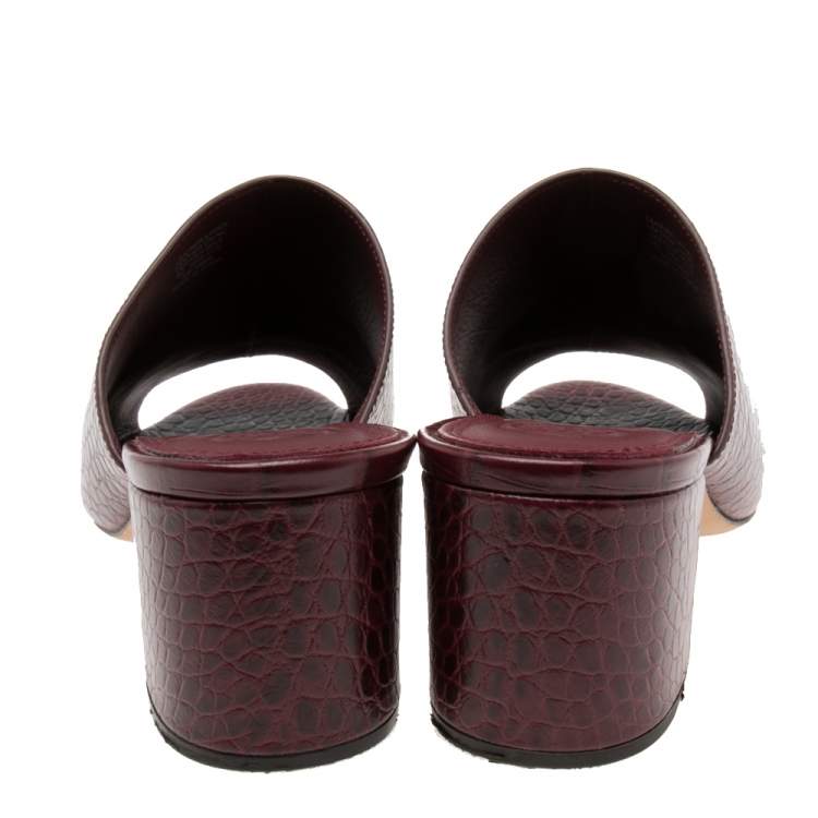 Pre Owned Tory Burch Burgundy Croc Embossed Leather Salinas Peep Toe Sandals Size 39