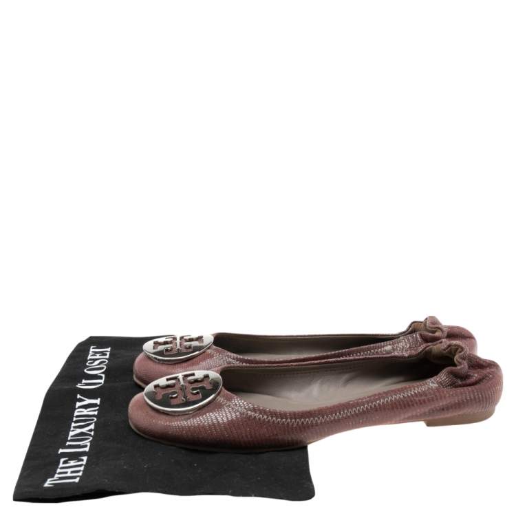 Pre Owned Tory Burch Dark Mauve Laminated Suede Minnie Scrunch Ballet Flats Size 39