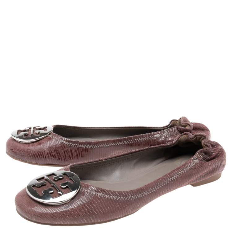 Pre Owned Tory Burch Dark Mauve Laminated Suede Minnie Scrunch Ballet Flats Size 39