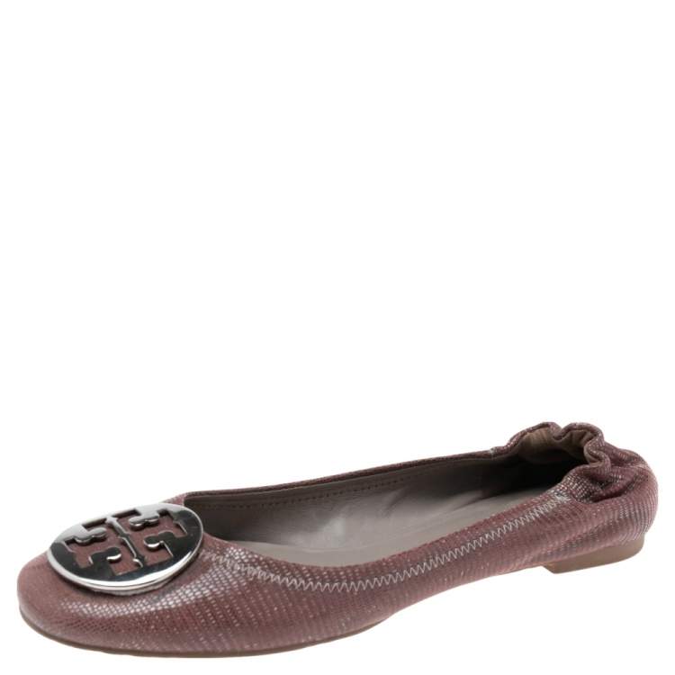 Pre Owned Tory Burch Dark Mauve Laminated Suede Minnie Scrunch Ballet Flats Size 39
