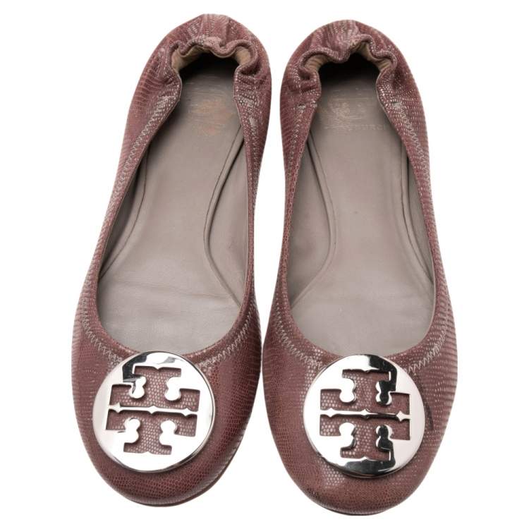 Pre Owned Tory Burch Dark Mauve Laminated Suede Minnie Scrunch Ballet Flats Size 39
