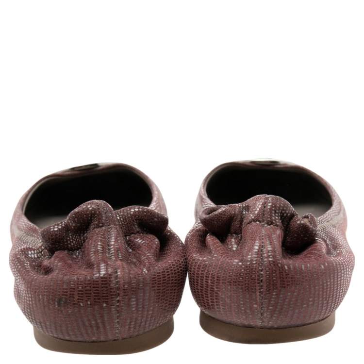 Pre Owned Tory Burch Dark Mauve Laminated Suede Minnie Scrunch Ballet Flats Size 39