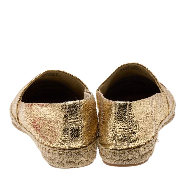 Pre Owned Tory Burch Gold/Beige Leather Cap Toe Flat Espadrilles Size 38.5