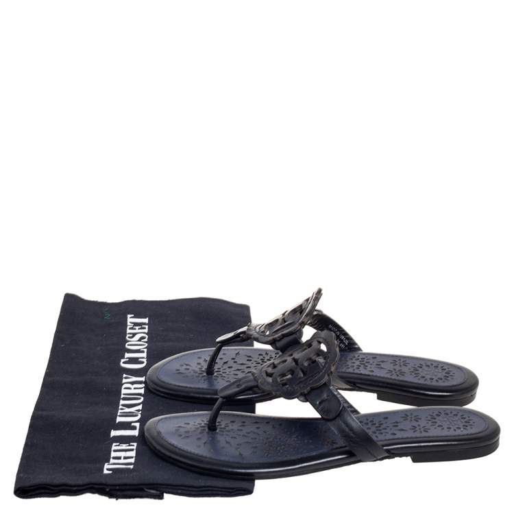 Pre Owned Tory Burch Black/Blue Leather Miller Flat Thong Sandals Size 35