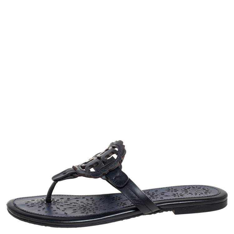 Pre Owned Tory Burch Black/Blue Leather Miller Flat Thong Sandals Size 35