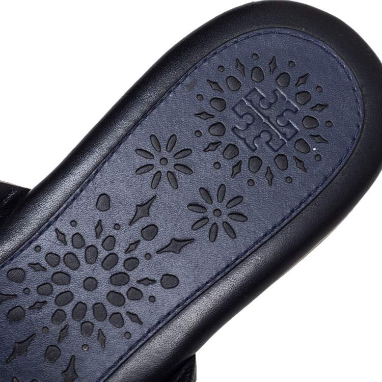 Pre Owned Tory Burch Black/Blue Leather Miller Flat Thong Sandals Size 35