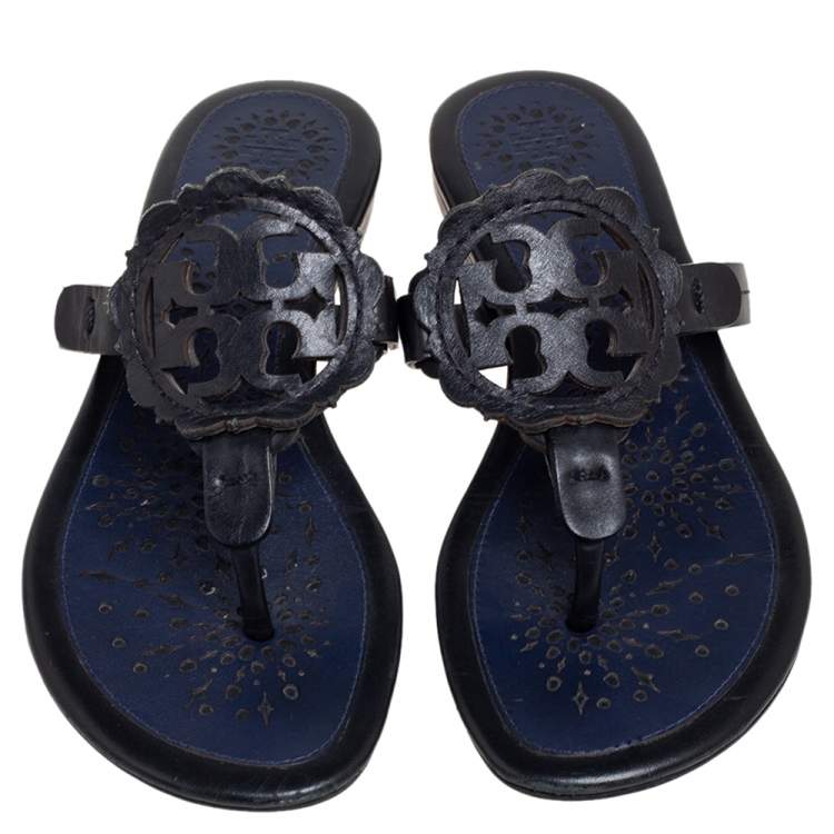 Pre Owned Tory Burch Black/Blue Leather Miller Flat Thong Sandals Size 35