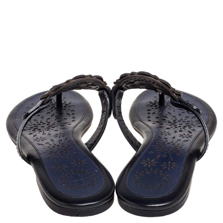 Pre Owned Tory Burch Black/Blue Leather Miller Flat Thong Sandals Size 35