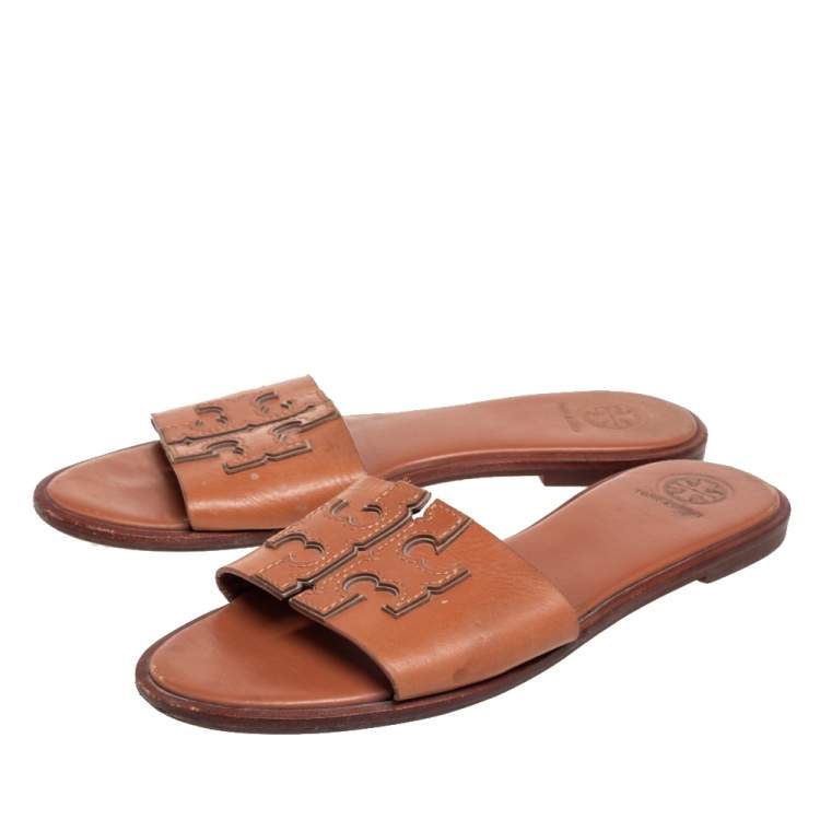 Pre Owned Tory Burch Brown Leather Ines Slide Sandals Size 38
