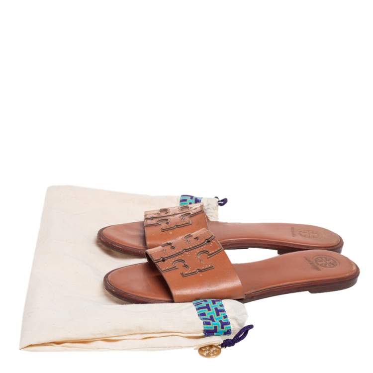 Pre Owned Tory Burch Brown Leather Ines Slide Sandals Size 38