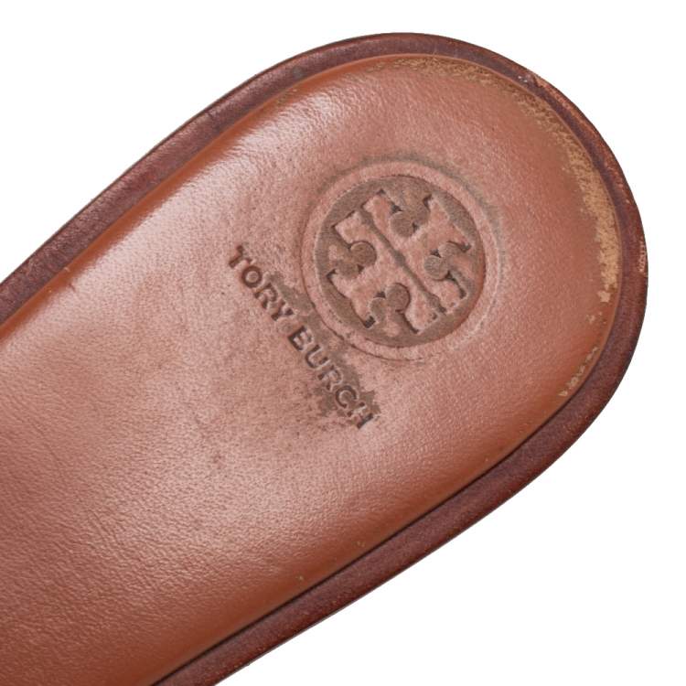 Pre Owned Tory Burch Brown Leather Ines Slide Sandals Size 38