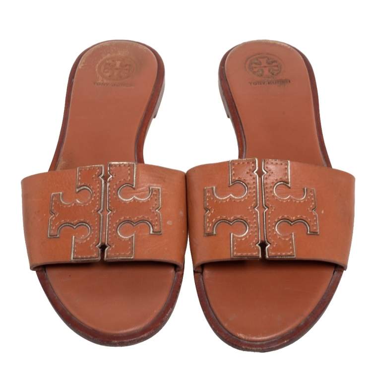 Pre Owned Tory Burch Brown Leather Ines Slide Sandals Size 38