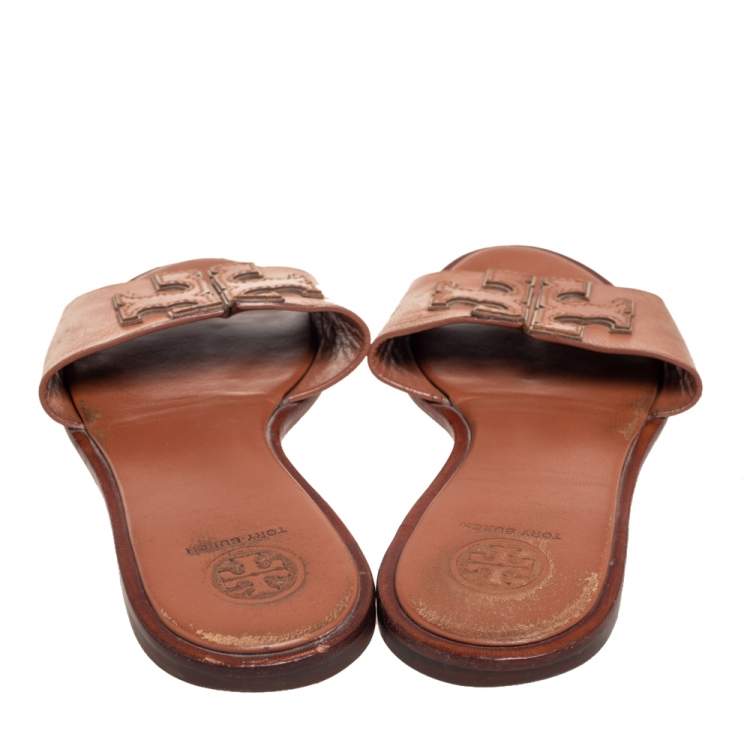 Pre Owned Tory Burch Brown Leather Ines Slide Sandals Size 38