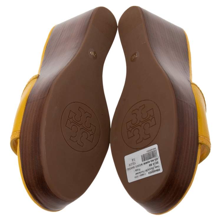 Pre Owned Tory Burch Yellow Leather Selma Logo Wedge Slide Sandals Size 38
