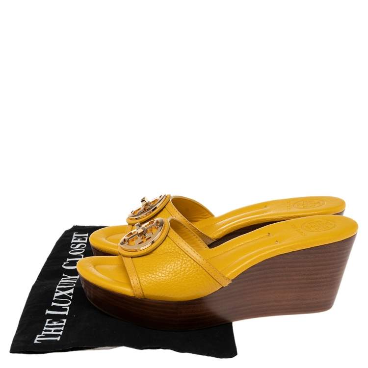 Pre Owned Tory Burch Yellow Leather Selma Logo Wedge Slide Sandals Size 38