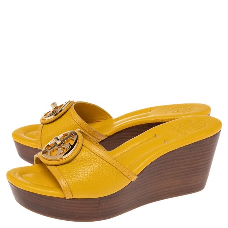 Pre Owned Tory Burch Yellow Leather Selma Logo Wedge Slide Sandals Size 38