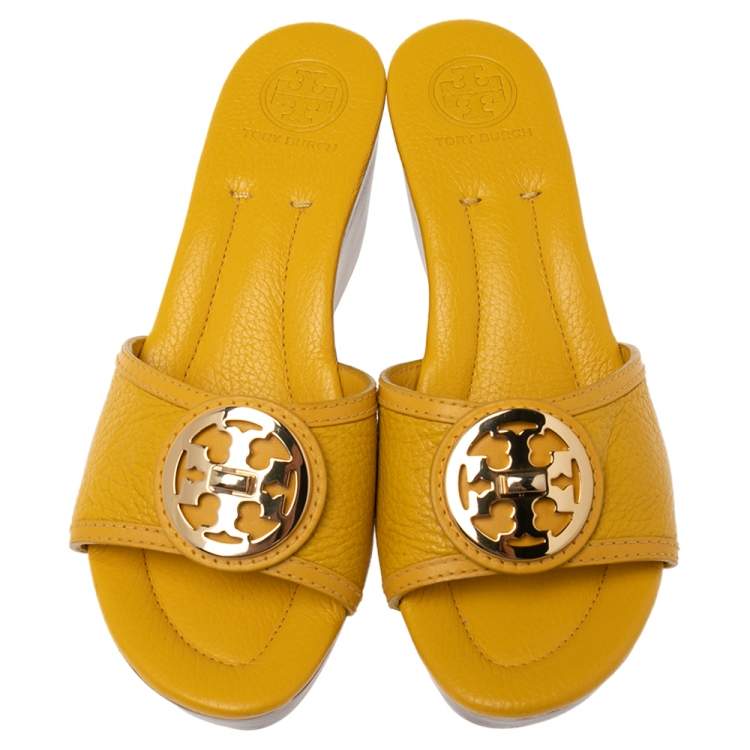 Pre Owned Tory Burch Yellow Leather Selma Logo Wedge Slide Sandals Size 38