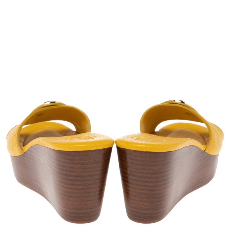 Pre Owned Tory Burch Yellow Leather Selma Logo Wedge Slide Sandals Size 38