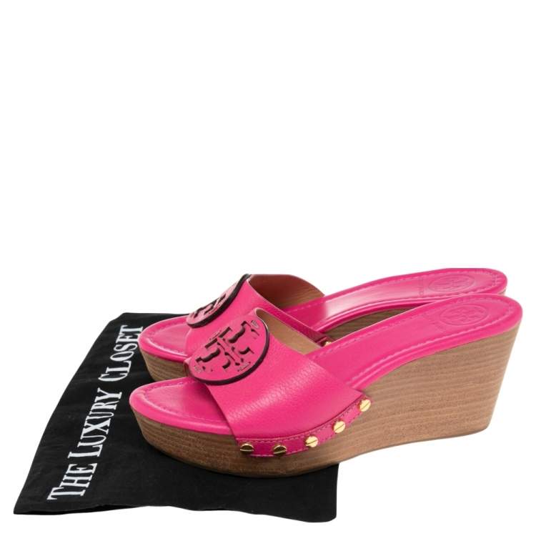 Pre Owned Tory Burch Pink Leather Patty Wedge Slide Sandals Size 37.5